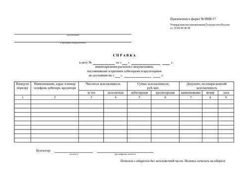 Форма ИНВ-17 (приложение). Справка к акту инвентаризации расчетов с покупателями, поставщиками и прочими дебиторами и кредиторами