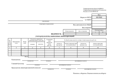 Форма ИНВ-26. (Ведомость учета результатов, выявленных инвентаризацией)