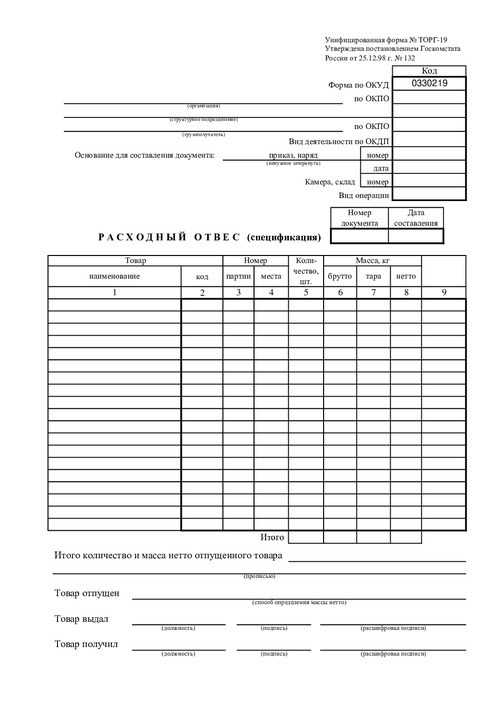 Форма ТОРГ-19. Расходный отвес (спецификация).