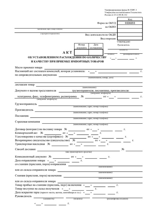 Форма ТОРГ-3. Акт об установленном расхождении по количеству и качеству при приемке импортных товаров