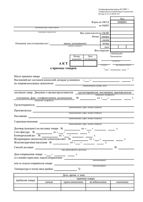Форма ТОРГ-1. Акт о приемке товаров.
