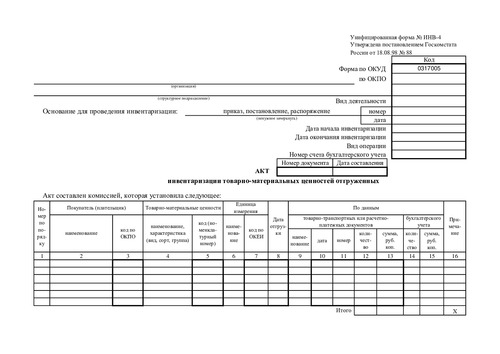 Форма ИНВ-4. (Акт инвентаризации товарно - материальных ценностей отгруженных)
