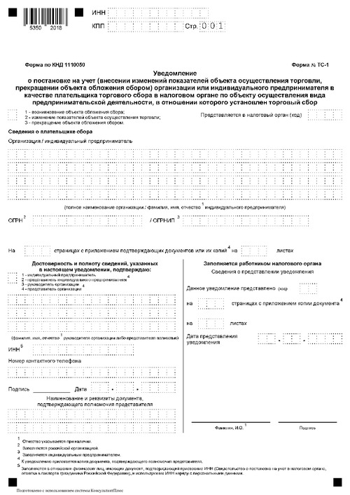 Форма № ТС-1. Уведомление о постановке на учет (внесении изменений показателей объекта осуществления торговли, прекращении объекта обложения сбором) организации или индивидуального предпринимателя в качестве плательщика торгового сбора в налоговом органе по объекту осуществления вида предпринимательской деятельности, в отношении которого установлен торговый сбор