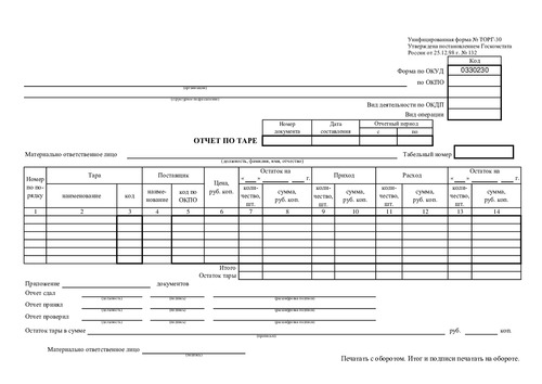 Форма ТОРГ-30. Отчет по таре.