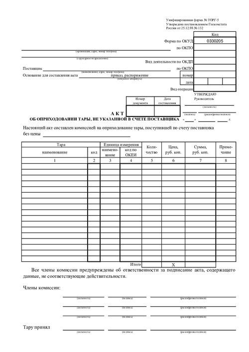 Форма ТОРГ-5. Акт об оприходовании тары, не указанной в счете поставщика