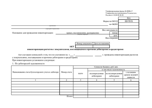 Форма ИНВ-17. (Акт инвентаризации расчетов с покупателями, поставщиками и прочими дебиторами и кредиторами.)