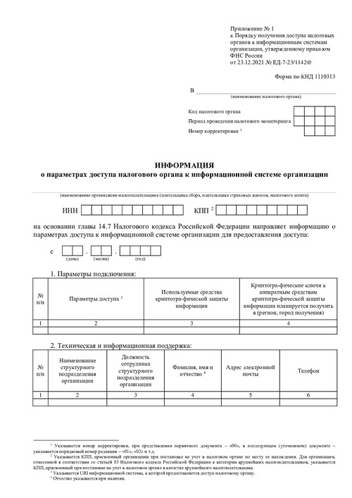 Информация о параметрах доступа налогового органа к информационной системе организации