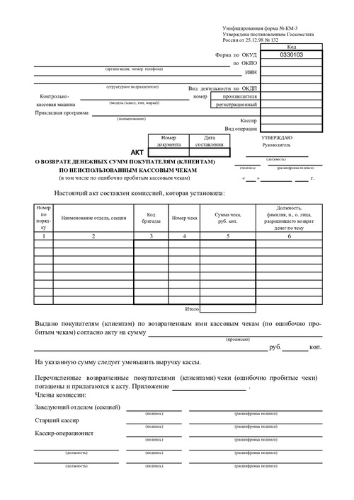 Форма № КМ-3. Акт о возврате денежных сумм покупателям (клиентам) по неиспользованным кассовым чекам (в том числе по ошибочно пробитым кассовым чекам).